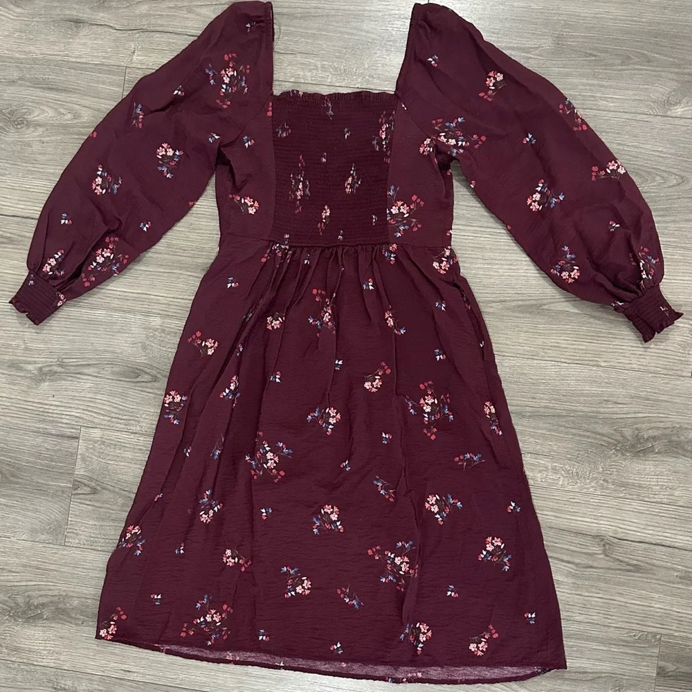a.n.a Burgundy Floral Long Sleeve Dress - Picture 2 of 4